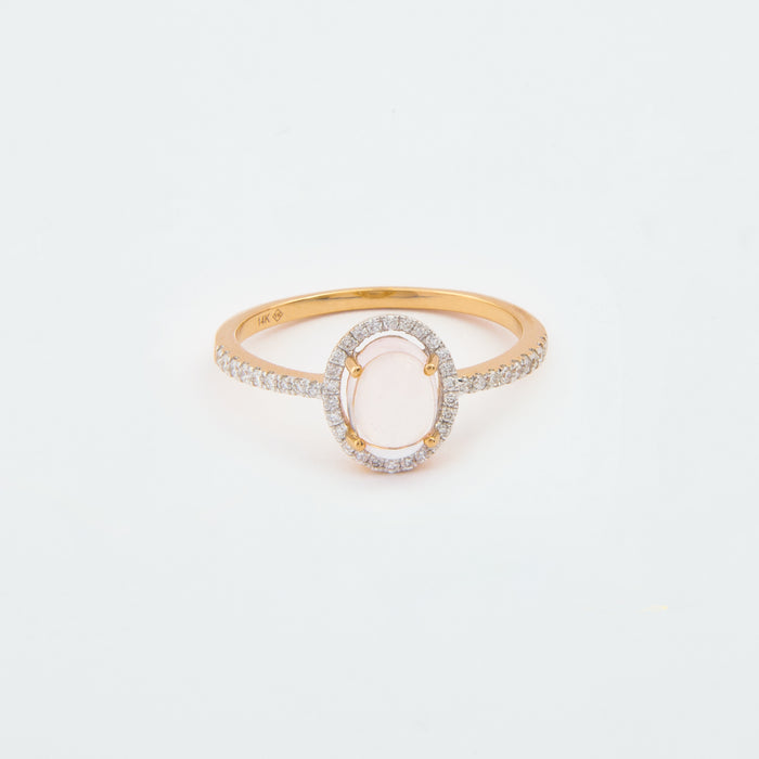 Anillo Cuarzo rosa y Diamantes en Oro rosa 14 Kt