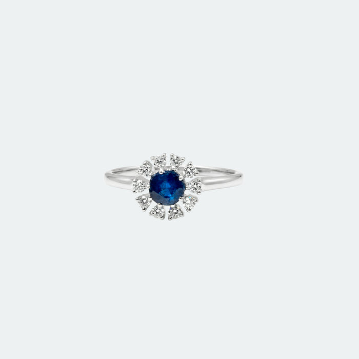 Anillo Flor Zafiro y Diamantes en Oro Blanco 14 Kt