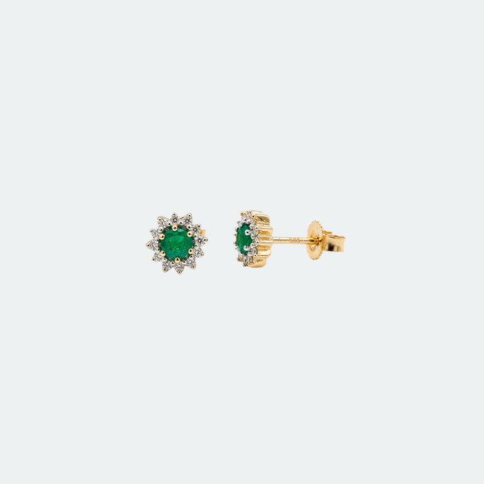 Aretes Esmeralda y Diamantes en Oro Amarillo 14 Kt