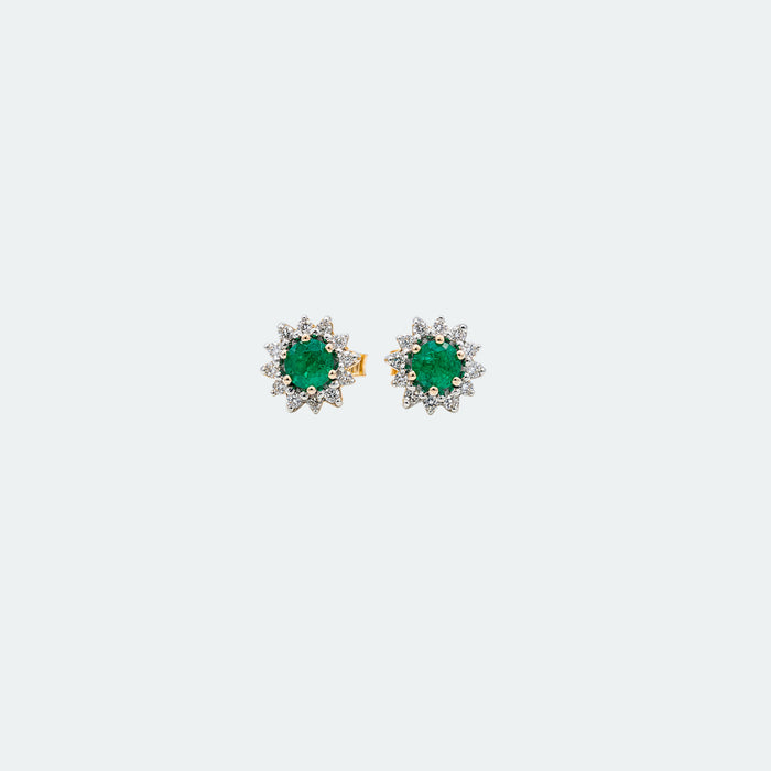 Aretes Esmeralda y Diamantes en Oro Amarillo 14 Kt