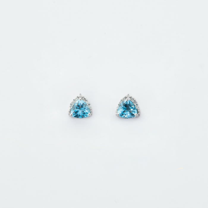 Aretes Triángulo Topacio Azul y Diamantes en Oro Blanco 14 Kt