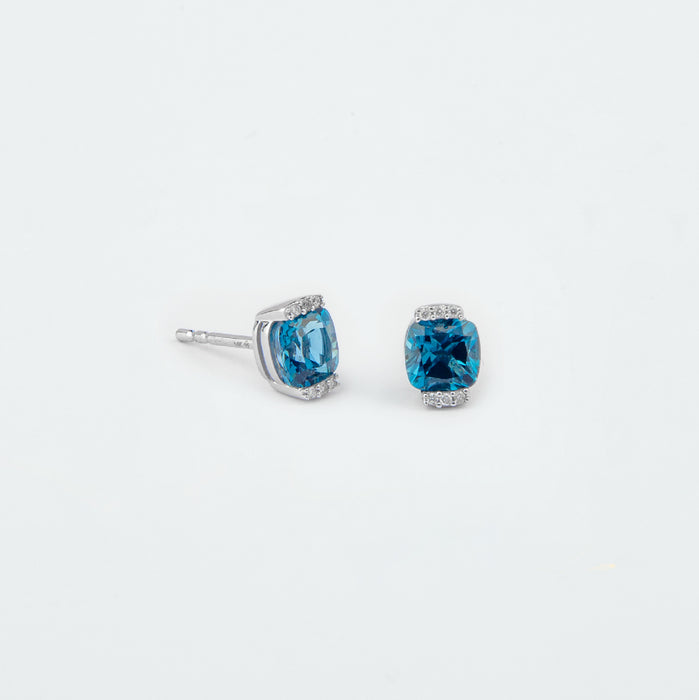 Aretes Topacio Azul Londres y Diamantes en Oro Blanco 14 Kt