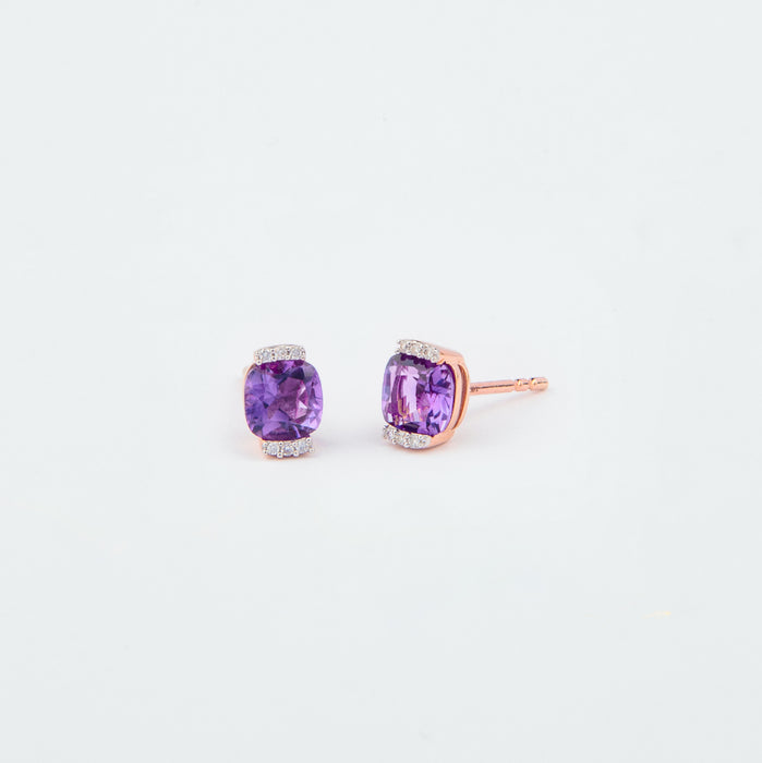 Aretes Amatista y Diamantes en Oro Rosa 14 Kt