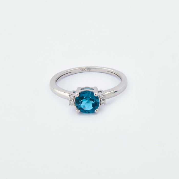 Anillo Topacio Azul Londres y Diamantes en Oro Blanco 14 Kt