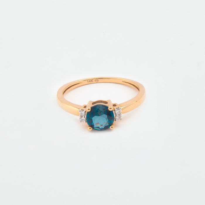 Anillo Topacio Azul Londres y Diamantes en Oro Rosa 14 Kt