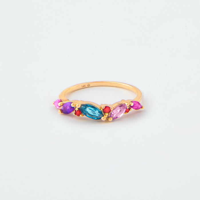 Anillo cluster Amatista, Amatista Rosa, Granate, Rodolita, Topacio Azul Londres en Oro Rosa 14Kt