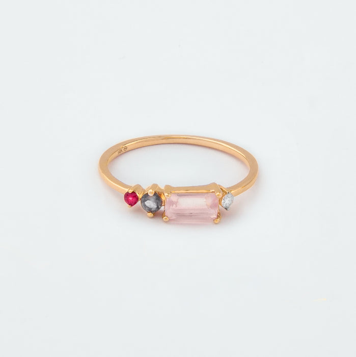 Anillo cluster cuarzo ahumado redondo, Cuarzo Rosa baguette y Granate redondo en Oro Rosa 14Kt